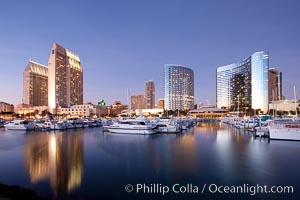 San Diego Marriott Hotel and Marina, and Manchester Grand Hyatt Hotel (left) viewed from the San Diego Embarcadero Marine Park