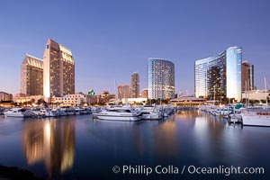 San Diego Marriott Hotel and Marina, and Manchester Grand Hyatt Hotel (left) viewed from the San Diego Embarcadero Marine Park