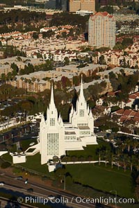 San Diego Mormon Temple, is seen amid the office and apartment buildings and shopping malls of University City.