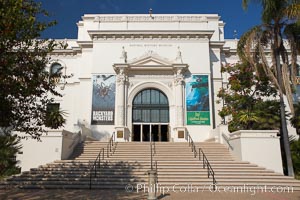 The San Diego Museum of Natural History, Balboa Park, San Diego.  The San Diego Natural History Museum is the place to find dinosaur bones and get a close up look at insects, birds and organic matter that make our outside world so interesting. Renovated in 2001, a new wing has doubled the museums original 65,000 square feet of floor space to about 150,000 square feet