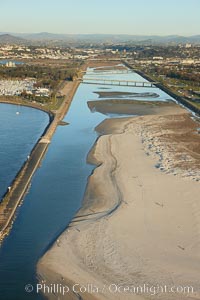 San Diego River, constrained by levees and jetties on both its north and south sides, just before it empties into the Pacific Ocean south of Mission Beach