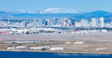 Downtown San Diego with snow-covered Mt. Laguna in the distance