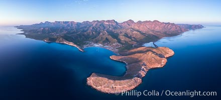 San Evaristo at dawn, panoramic view, a small fishing town, aerial photo, Sea of Cortez, Baja California