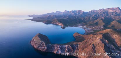 San Evaristo at dawn, panoramic view, a small fishing town, aerial photo, Sea of Cortez, Baja California