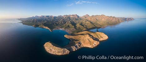 San Evaristo at dawn, panoramic view, a small fishing town, aerial photo, Sea of Cortez, Baja California