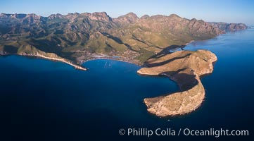 San Evaristo at dawn, panoramic view, a small fishing town, aerial photo, Sea of Cortez, Baja California