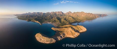 San Evaristo at dawn, panoramic view, a small fishing town, aerial photo, Sea of Cortez, Baja California