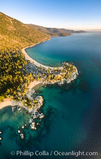 Sand Harbor Lake Tahoe at sunset, aerial photo