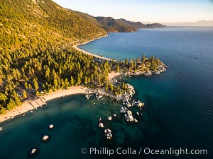 Sand Harbor Lake Tahoe at sunset, aerial photo