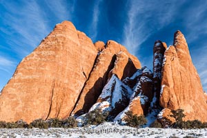 Sandstone fins.  The vertical slabs of Entrada sandstone may become natural sandstone arches.