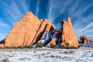 Fins.  The vertical slabs of Entrada sandstone may become natural sandstone arches, Arches National Park, Utah