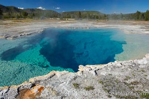 Sapphire Pool, Biscuit Basin.  Sapphire Pool is known as a hot spring but has erupted as a geyser in the past, Yellowstone National Park, Wyoming