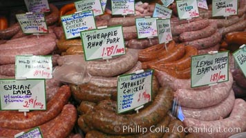 Sausages and bratwurst variety, Public Market, Granville Island, Vancouver