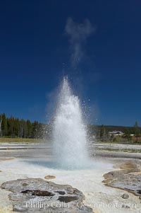 Sawmill Geyser erupting.  Sawmill Geyser is a fountain-type geyser and, in some circumstances, can be erupting about one-third of the time up to heights of 35 feet.  Upper Geyser Basin, Yellowstone National Park, Wyoming