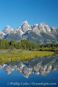 The Teton Range is reflected in the glassy waters of the Snake River at Schwabacher Landing, Grand Teton National Park, Wyoming