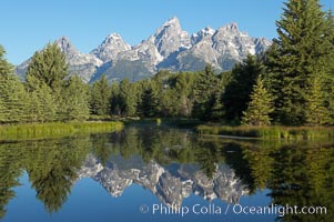 Schwabacher Landing, Teton Range reflected in the calm waters formed by a beaver dam along the Snake River, Wyoming.