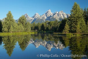 The Teton Range is reflected in the glassy waters of the Snake River at Schwabacher Landing, Grand Teton National Park, Wyoming