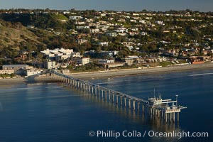 SIO Pier.  The Scripps Institution of Oceanography research pier is 1090 feet long and was built of reinforced concrete in 1988, replacing the original wooden pier built in 1915. The Scripps Pier is home to a variety of sensing equipment above and below water that collects various oceanographic data. The Scripps research diving facility is located at the foot of the pier. Fresh seawater is pumped from the pier to the many tanks and facilities of SIO, including the Birch Aquarium. The Scripps Pier is named in honor of Ellen Browning Scripps, the most significant donor and benefactor of the Institution, La Jolla, California