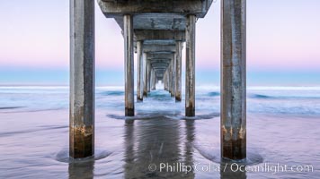 Scripps Institution of Oceanography Pier and Belt of Venus in pre-dawn light. The Earth's shadow appears as the blue just above the horizon.