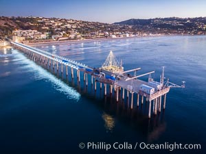 Scripps Pier and Christmas Lights during holiday season, night exposure, La Jolla Coastline, Aerial view, Scripps Institution of Oceanography