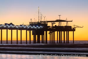 Scripps Institution of Oceanography Research Pier at sunset, with Christmas Lights and Christmas Tree, La Jolla, California