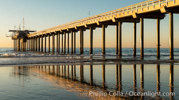 SIO Pier. The Scripps Institution of Oceanography research pier is 1090 feet long and was built of reinforced concrete in 1988, replacing the original wooden pier built in 1915. The Scripps Pier is home to a variety of sensing equipment above and below water that collects various oceanographic data. The Scripps research diving facility is located at the foot of the pier. Fresh seawater is pumped from the pier to the many tanks and facilities of SIO, including the Birch Aquarium. The Scripps Pier is named in honor of Ellen Browning Scripps, the most significant donor and benefactor of the Institution, La Jolla, California