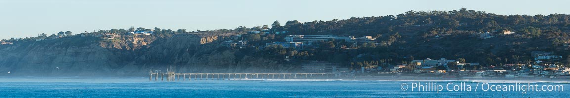 Scripps Pier, Scripps Institute of Oceanography Research Pier, viewed from Point La Jolla, surfers and seabirds, Torrey Pines seacliffs