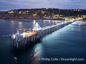 Scripps Pier with Holiday Christmas Lights Aerial Photo, seen here just before sunrise, La Jolla, California