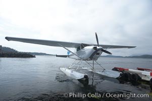 Seaplane at the floatplane dock in Tofino, typical overcast day