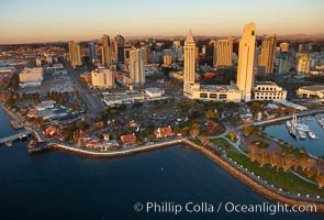 Seaport Village (center) and Embarcadero Marine Park and marina (right) with the towers of the Grand Hyatt hotel rising above, San Diego, California