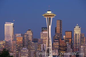 Seattle city skyline at dusk, Space Needle at right