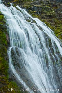 Shackleton Falls, named for explorer Sir Ernest Shackleton, formed from glacial meltwaters, near Stromness Bay, Stromness Harbour