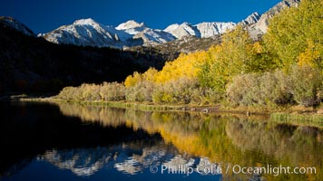 Sierra Nevada mountains and aspen trees, fall colors reflected in the still waters of North Lake.