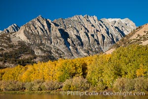 Sierra Nevada mountains and aspen trees, fall colors reflected in the still waters of North Lake.