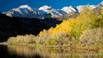 Sierra Nevada mountains and aspen trees, fall colors reflected in the still waters of North Lake, Populus tremuloides, Bishop Creek Canyon Sierra Nevada Mountains