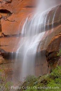 Waterfall at Temple of Sinawava during peak flow following spring rainstorm.  Zion Canyon, Zion National Park, Utah