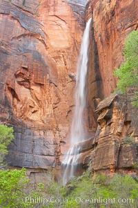 Waterfall at Temple of Sinawava during peak flow following spring rainstorm.  Zion Canyon, Zion National Park, Utah