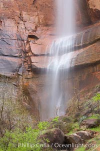 Waterfall at Temple of Sinawava during peak flow following spring rainstorm.  Zion Canyon, Zion National Park, Utah