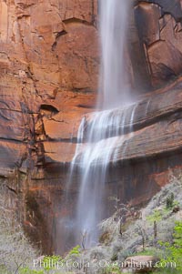 Waterfall at Temple of Sinawava during peak flow following spring rainstorm.  Zion Canyon, Zion National Park, Utah