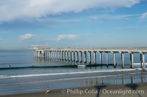 The Scripps Institution of Oceanography research pier is 1090 feet long and was built of reinforced concrete in 1988, replacing the original wooden pier built in 1915.  The Scripps Pier is home to a variety of sensing equipment above and below water that collects various oceanographic data.  The Scripps research diving facility is located at the foot of the pier.  Fresh seawater is pumped from the pier to the many tanks and facilities of SIO, including the Birch Aquarium.  The Scripps Pier is named in honor of Ellen Browning Scripps, the most significant donor and benefactor of the Institution, La Jolla, California