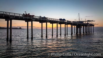 SIO Pier. The Scripps Institution of Oceanography research pier is 1090 feet long and was built of reinforced concrete in 1988, replacing the original wooden pier built in 1915. The Scripps Pier is home to a variety of sensing equipment above and below water that collects various oceanographic data. The Scripps research diving facility is located at the foot of the pier. Fresh seawater is pumped from the pier to the many tanks and facilities of SIO, including the Birch Aquarium. The Scripps Pier is named in honor of Ellen Browning Scripps, the most significant donor and benefactor of the Institution, La Jolla, California