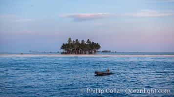 Skiff and Palm Trees, Sunrise, Clipperton Island