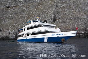 Sky Dancer, a liveaboard dive tour boat, at anchor, Wolf Island