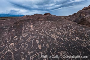 Sky Rock petroglyphs near Bishop, California.  Hidden atop an enormous boulder in the Volcanic Tablelands lies Sky Rock, a set of petroglyphs that face the sky.  These superb examples of native American petroglyph artwork are thought to be Paiute in origin, but little is known about them