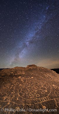 The Milky Way at Night over Sky Rock.  Sky Rock petroglyphs near Bishop, California. Hidden atop an enormous boulder in the Volcanic Tablelands lies Sky Rock, a set of petroglyphs that face the sky. These superb examples of native American petroglyph artwork are thought to be Paiute in origin, but little is known about them.