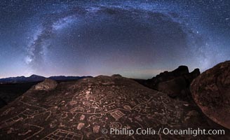 The Milky Way at Night over Sky Rock, panorama, spherical projection.  Sky Rock petroglyphs near Bishop, California. Hidden atop an enormous boulder in the Volcanic Tablelands lies Sky Rock, a set of petroglyphs that face the sky. These superb examples of native American petroglyph artwork are thought to be Paiute in origin, but little is known about them.