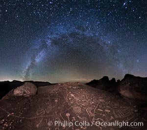 The Milky Way at Night over Sky Rock.  Sky Rock petroglyphs near Bishop, California. Hidden atop an enormous boulder in the Volcanic Tablelands lies Sky Rock, a set of petroglyphs that face the sky. These superb examples of native American petroglyph artwork are thought to be Paiute in origin, but little is known about them