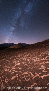 The Milky Way at Night over Sky Rock.  Sky Rock petroglyphs near Bishop, California. Hidden atop an enormous boulder in the Volcanic Tablelands lies Sky Rock, a set of petroglyphs that face the sky. These superb examples of native American petroglyph artwork are thought to be Paiute in origin, but little is known about them