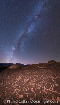 The Milky Way at Night over Sky Rock.  Sky Rock petroglyphs near Bishop, California. Hidden atop an enormous boulder in the Volcanic Tablelands lies Sky Rock, a set of petroglyphs that face the sky. These superb examples of native American petroglyph artwork are thought to be Paiute in origin, but little is known about them