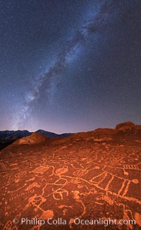 The Milky Way at Night over Sky Rock.  Sky Rock petroglyphs near Bishop, California. Hidden atop an enormous boulder in the Volcanic Tablelands lies Sky Rock, a set of petroglyphs that face the sky. These superb examples of native American petroglyph artwork are thought to be Paiute in origin, but little is known about them